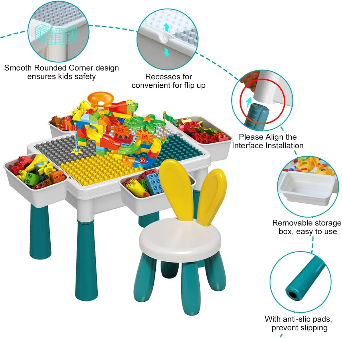 2 in 1 Building Blocks and Learning Table with Chair - Kids Activity & Educational Play Set - Image 9