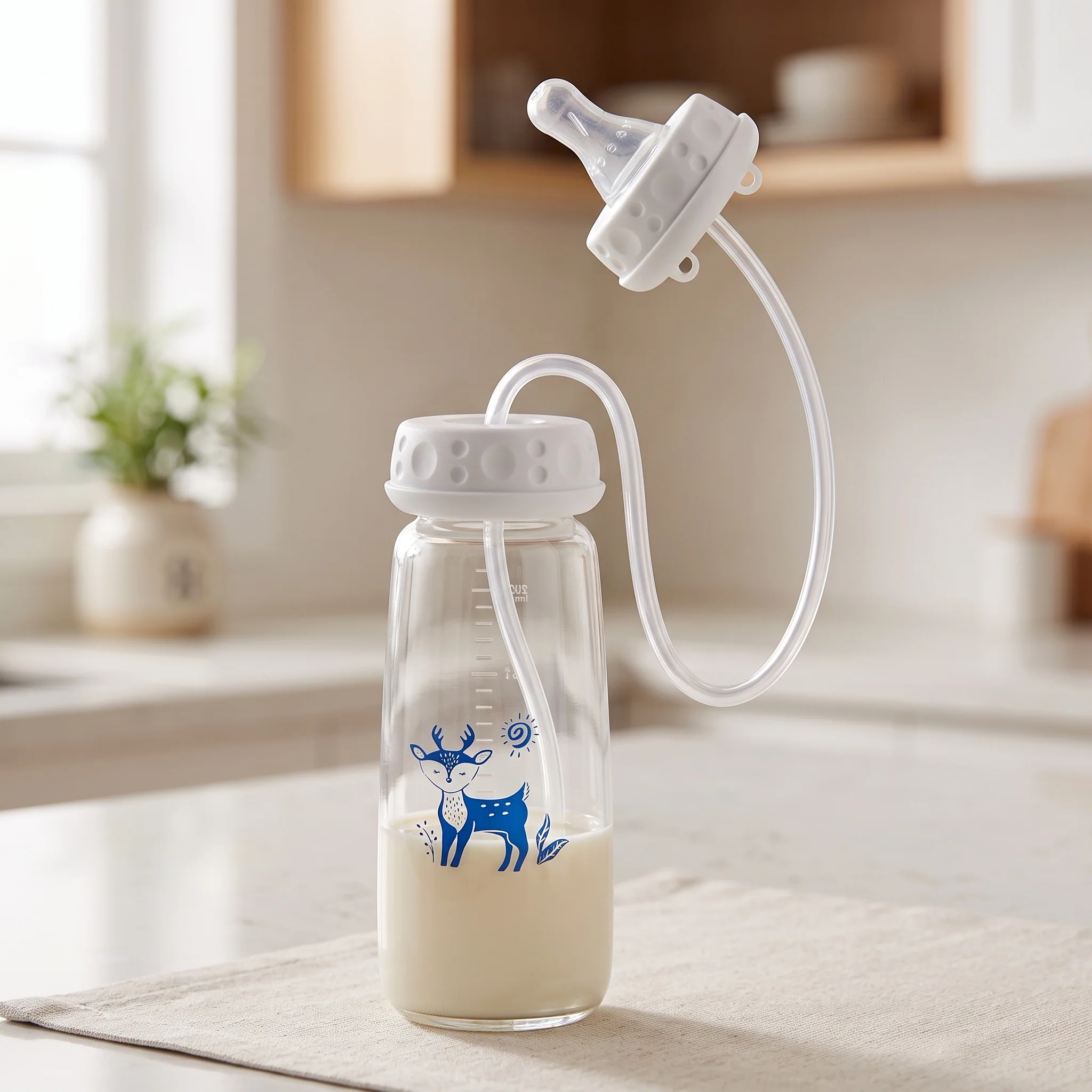 Hands-Free Baby Feeding Bottle 240ml – BPA-Free Anti-Colic Baby Feeder with Silicone Straw for Newborns & Infants - Image 3